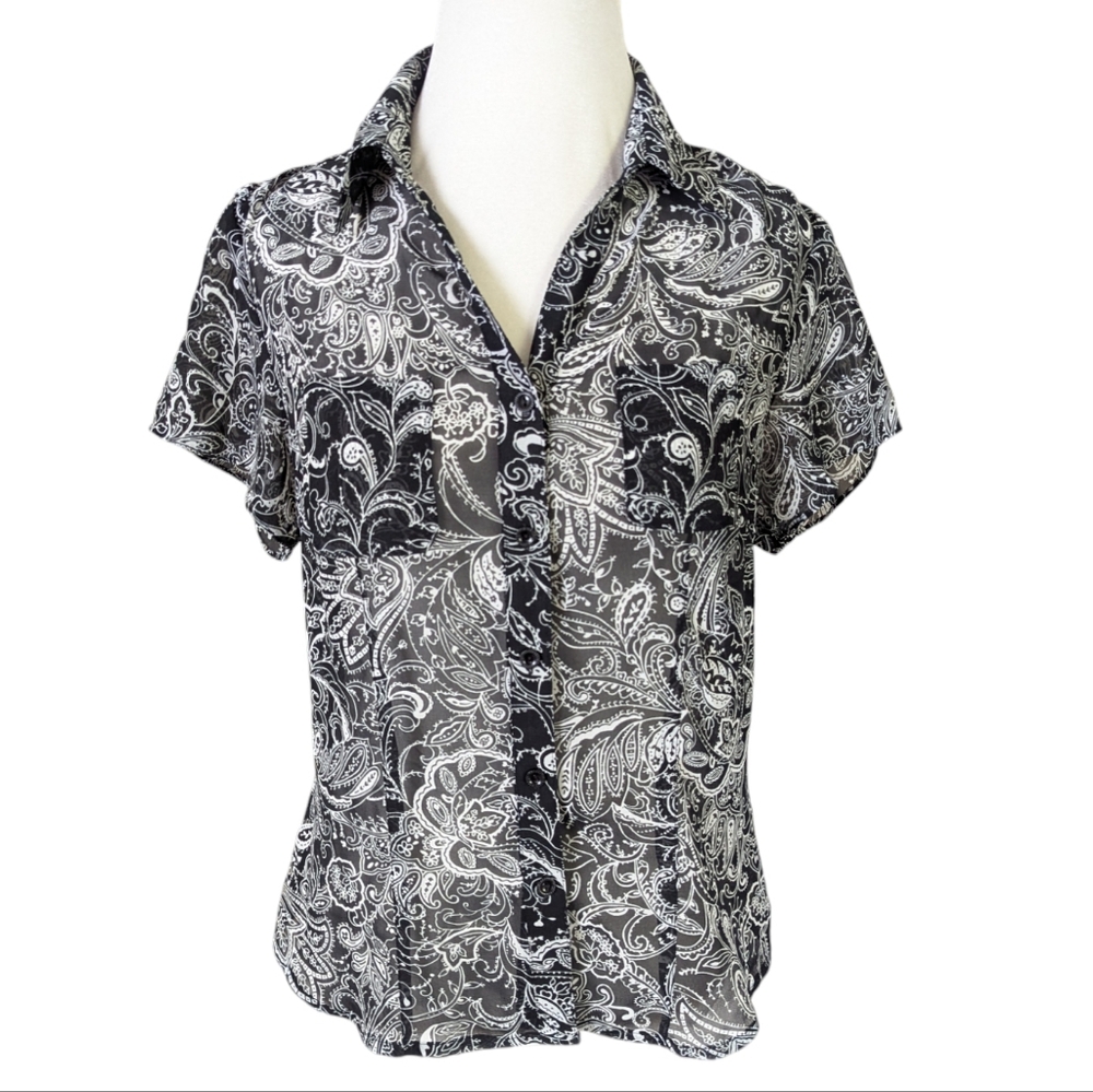 Vintage 90s Emma James Sheer Top Sz 8 Black and White Paisley Tab Shoulders Med